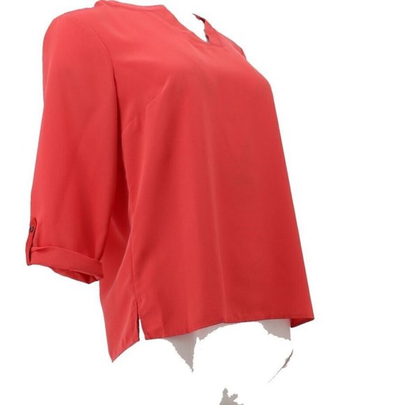 NWT LANDS' END PETITE ROLL TAB SLEEVE SPLIT NECK BLOUSE TOP CRIMSON DAWN 0P - Picture 2 of 8